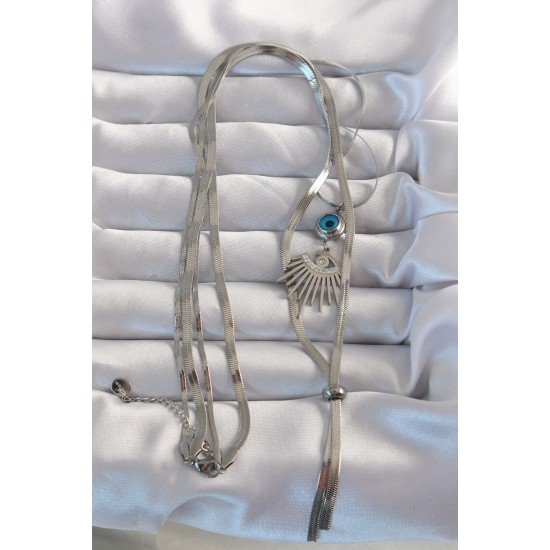 316L Çelik Gümüş Renk Zirkon Taşlı Göz Detay Nazarlı Uzun Asansör Model Kolye 316L Çelik Gümüş Renk Zirkon Taşlı Göz Detay Nazarlı Uzun Asansör Model Kolye