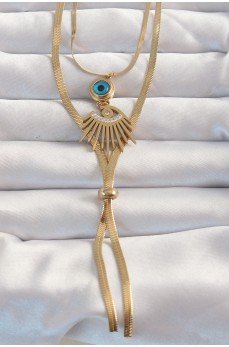 316L Çelik Gold Renk Zirkon Taşlı Göz Detay Nazarlı Uzun Asansör Model Kolye