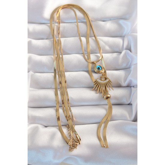 316L Çelik Gold Renk Zirkon Taşlı Göz Detay Nazarlı Uzun Asansör Model Kolye 316L Çelik Gold Renk Zirkon Taşlı Göz Detay Nazarlı Uzun Asansör Model Kolye