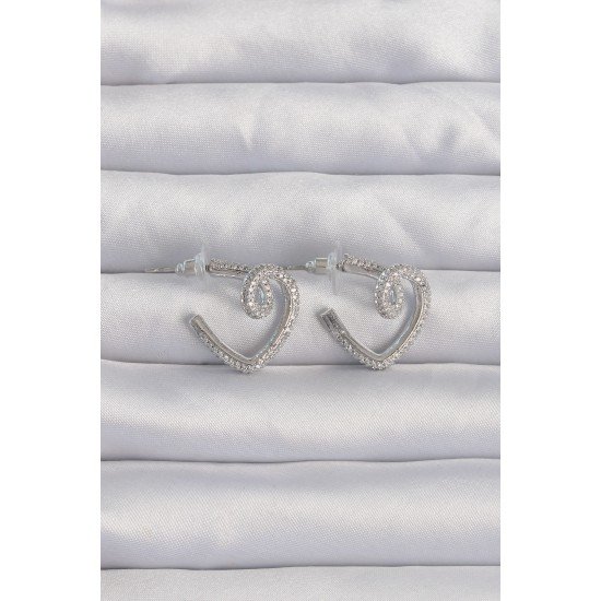 Pirinç Gümüş Renk Zirkon Taşlı Kıvrımlı Yarım Kalp Küpe Pirinç Gümüş Renk Zirkon Taşlı Kıvrımlı Yarım Kalp Küpe