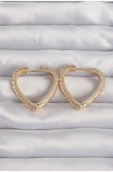 Pirinç Gold Renk Zirkon Taşlı Motifli Kalp Küpe