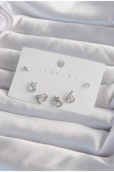 Pirinç Gümüş Renk Zirkon Taşlı Damla Model Küpe Seti