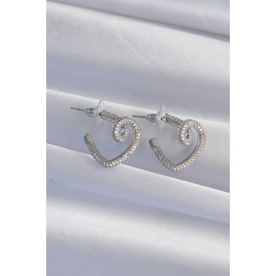 Pirinç Gümüş Renk Zirkon Taşlı Kıvrımlı Yarım Kalp Küpe Pirinç Gümüş Renk Zirkon Taşlı Kıvrımlı Yarım Kalp Küpe