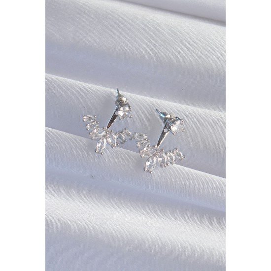 Pirinç Gümüş Renk Zirkon Taşlı V Model Küpe