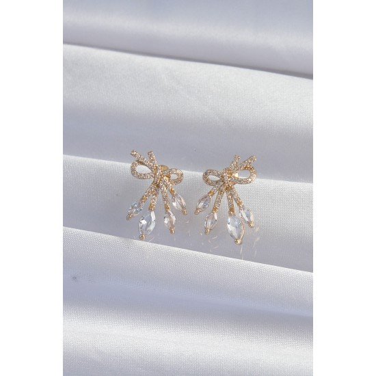 Pirinç Gold Renk Zirkon Taşlı Fiyonk Küpe