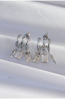 Pirinç Gümüş Renk Zirkon Taşlı Çoklu Aksesuarlı Yarım Halka Kaburga Küpe