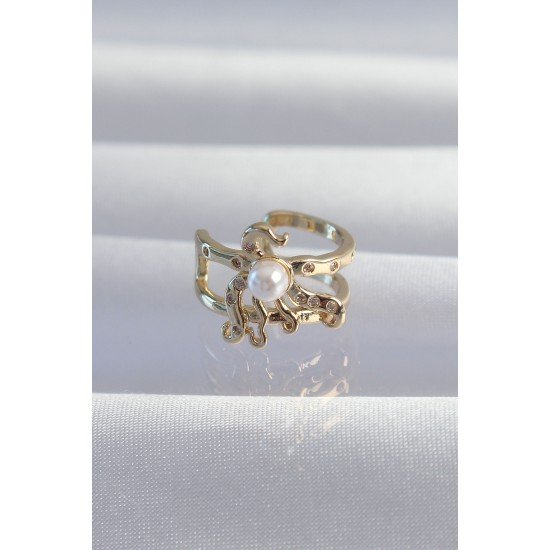 Pirinç Gold Renk İncili Ahtapot Earcuff Küpe