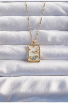 316L Çelik Zincir Gold Renk Ay Detay Mavi Zirkon Taşlı Tarot Kolye