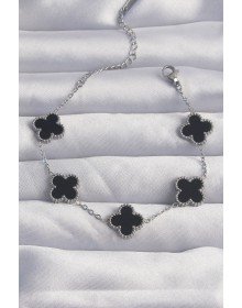 316L Çelik Gümüş Renk Siyah Mineli Yonca Bileklik