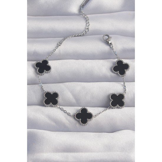 316L Çelik Gümüş Renk Siyah Mineli Yonca Bileklik 316L Çelik Gümüş Renk Siyah Mineli Yonca Bileklik