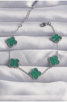 316L Çelik Gümüş Renk Çizgili Yeşil Mineli Yonca Bileklik