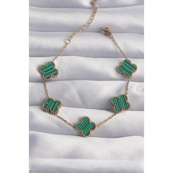 316L Çelik Gold Renk Çizgili Yeşil Mineli Yonca Bileklik 316L Çelik Gold Renk Çizgili Yeşil Mineli Yonca Bileklik