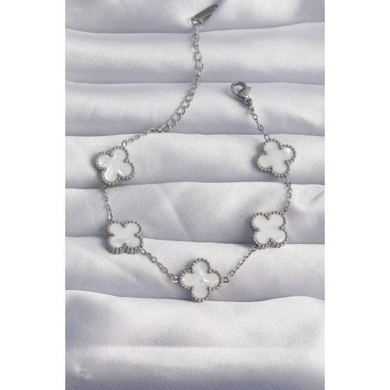 316L Çelik Gümüş Renk Beyaz Sedefli Yonca Bileklik 316L Çelik Gümüş Renk Beyaz Sedefli Yonca Bileklik