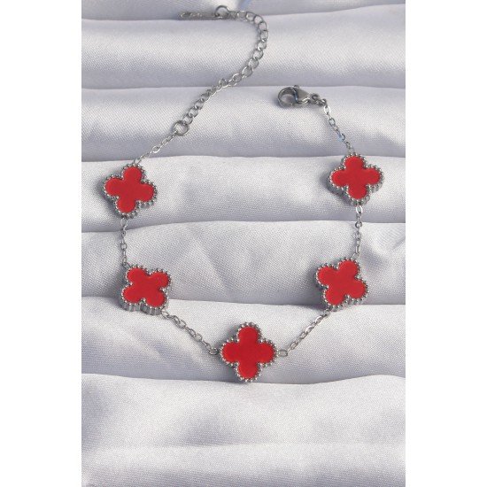 316L Çelik Gümüş Renk Kırmızı Mineli Yonca Bileklik 316L Çelik Gümüş Renk Kırmızı Mineli Yonca Bileklik