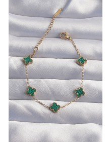 316L Çelik Baby Boy Gold Renk Çizgili Yeşil Mineli Yonca Bileklik