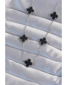 316L Çelik Gümüş Renk Siyah Mineli Yonca Kolye