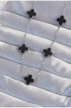 316L Çelik Gümüş Renk Siyah Mineli Yonca Kolye