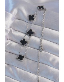 316L Çelik Gümüş Renk Siyah Mineli Yonca Kolye