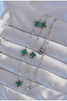 316L Çelik Gümüş Renk Minimal Yeşil Mineli Yonca Kolye