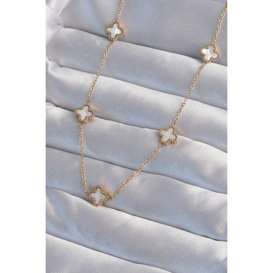 316L Çelik Gold Renk Minimal Beyaz Sedefli Yonca Kolye