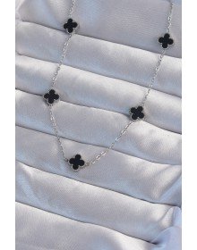 316L Çelik Gümüş Renk Minimal Siyah Mineli Yonca Kolye