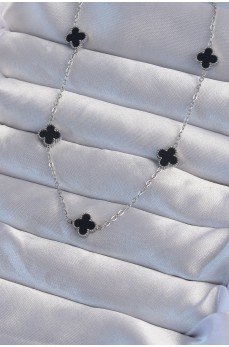 316L Çelik Gümüş Renk Minimal Siyah Mineli Yonca Kolye