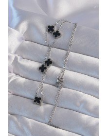 316L Çelik Gümüş Renk Minimal Siyah Mineli Yonca Kolye