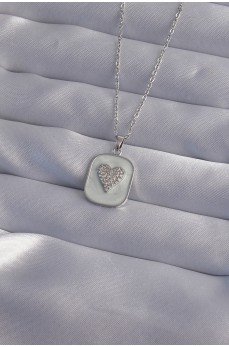 316L Çelik Zincir Mermer Desenli Gümüş Renk Zirkon Taşlı Kalp Model Kolye