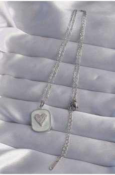 316L Çelik Zincir Mermer Desenli Gümüş Renk Zirkon Taşlı Kalp Model Kolye