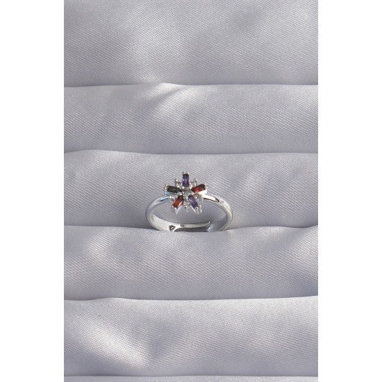 Pirinç Gümüş Renk Renkli Zirkon Taşlı Ayarlamalı Yüzük Pirinç Gümüş Renk Renkli Zirkon Taşlı Ayarlamalı Yüzük