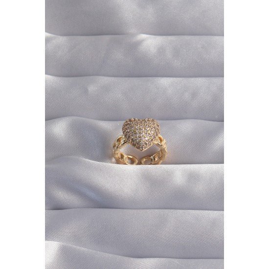 Pirinç Ayarlamalı Gold Renk Zirkon Taşlı Bombeli Kalp Yüzük Pirinç Ayarlamalı Gold Renk Zirkon Taşlı Bombeli Kalp Yüzük