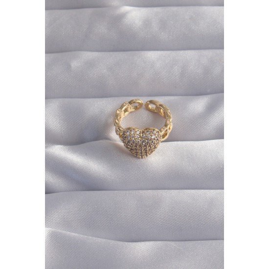 Pirinç Ayarlamalı Gold Renk Zirkon Taşlı Bombeli Kalp Yüzük Pirinç Ayarlamalı Gold Renk Zirkon Taşlı Bombeli Kalp Yüzük