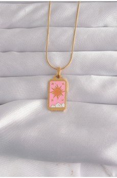 316L Çelik Gold Renk Pembe Mineli Güneş Model Tarot Kolye