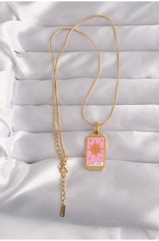 316L Çelik Gold Renk Pembe Mineli Güneş Model Tarot Kolye