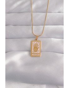 316L Çelik Gold Renk Pembe Mineli El Figür Tarot Kolye