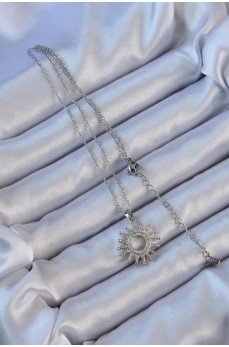 316L Çelik Zincir Gümüş Renk Zirkon Taşlı Parlayan Güneş Kolye