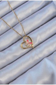 316L Çelik Zincir Altın Renk Mineli Kelebek Figür Zirkon Taşlı Kalp Kolye