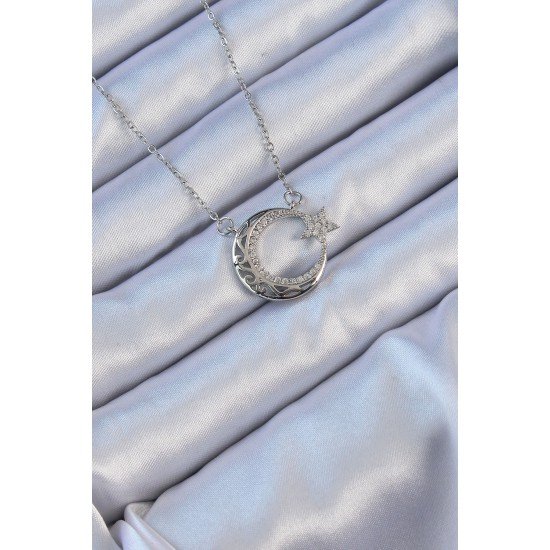316L Çelik Zincir Gümüş Renk Zirkon Taşlı Motifli Ay Yıldız Kolye 316L Çelik Zincir Gümüş Renk Zirkon Taşlı Motifli Ay Yıldız Kolye