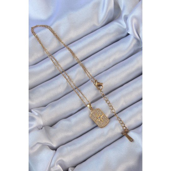 316L Çelik Zincir Altın Renk Zirkon Taşlı Kutup Yıldızlı Vintage Kolye