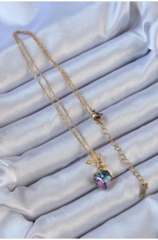 316L Çelik Zincir Altın Renk Mor Mavi Renk Zirkon Taşlı Kalp Detay Peri Kolye