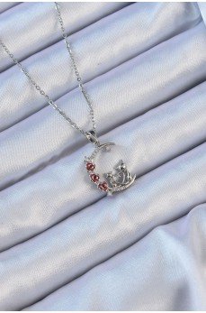 316L Çelik Zincir Gümüş Renk Kırmızı Gül Detay Kedi Figür Zirkon Taşlı Ay Kolye