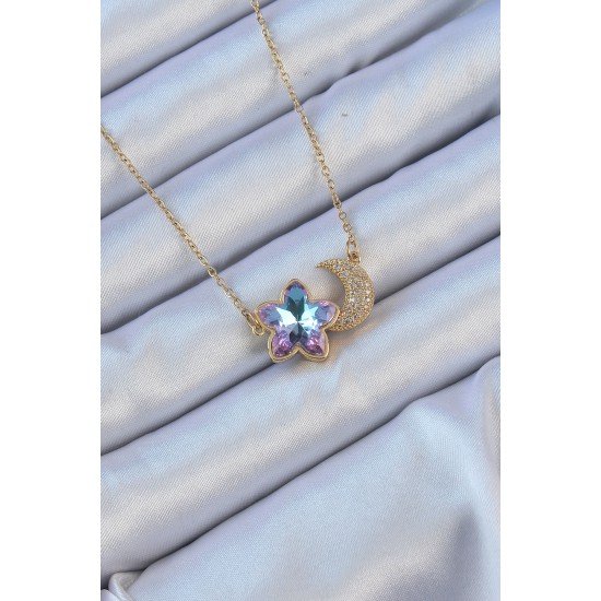 316L Çelik Zincir Altın Renk Ay Tasarımlı Renkli Zirkon Taşlı Çiçek Kolye 316L Çelik Zincir Altın Renk Ay Tasarımlı Renkli Zirkon Taşlı Çiçek Kolye