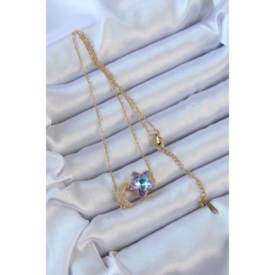 316L Çelik Zincir Altın Renk Ay Tasarımlı Renkli Zirkon Taşlı Çiçek Kolye 316L Çelik Zincir Altın Renk Ay Tasarımlı Renkli Zirkon Taşlı Çiçek Kolye