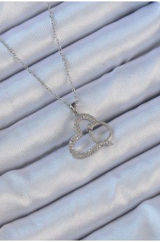 316L Çelik Zincir Gümüş Renk Zirkon Taşlı Yüzüklü Kalp Kolye