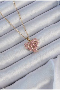 316L Çelik Zincir Altın Renk Pembe Parçalı Zirkon Taşlı Kalp Kolye