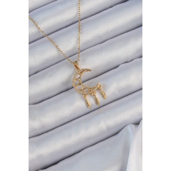 316L Çelik Zincir Altın Renk İşlemeli Zirkon Taşlı Ay Kolye