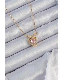 316L Çelik Zincir Altın Renk Pembe Zirkon Taşlı Fiyonklu Kalp Kolye