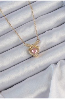 316L Çelik Zincir Altın Renk Pembe Zirkon Taşlı Fiyonklu Kalp Kolye