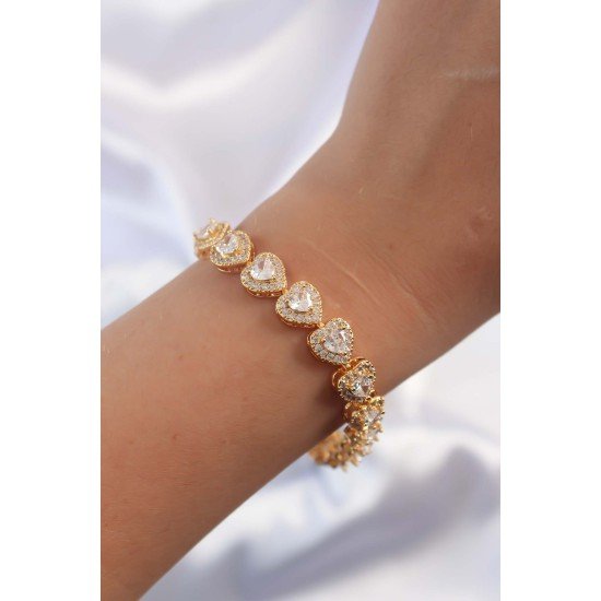 Pirinç Vip Seri Gold Renk Zirkon Taşlı Kalp Model Bileklik Pirinç Vip Seri Gold Renk Zirkon Taşlı Kalp Model Bileklik