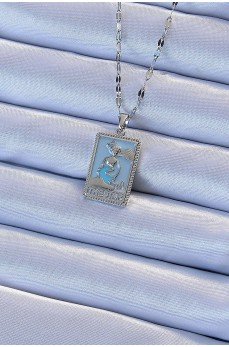 316L Çelik Zincir Gümüş Renk Mavi Mineli Tarot Kolye